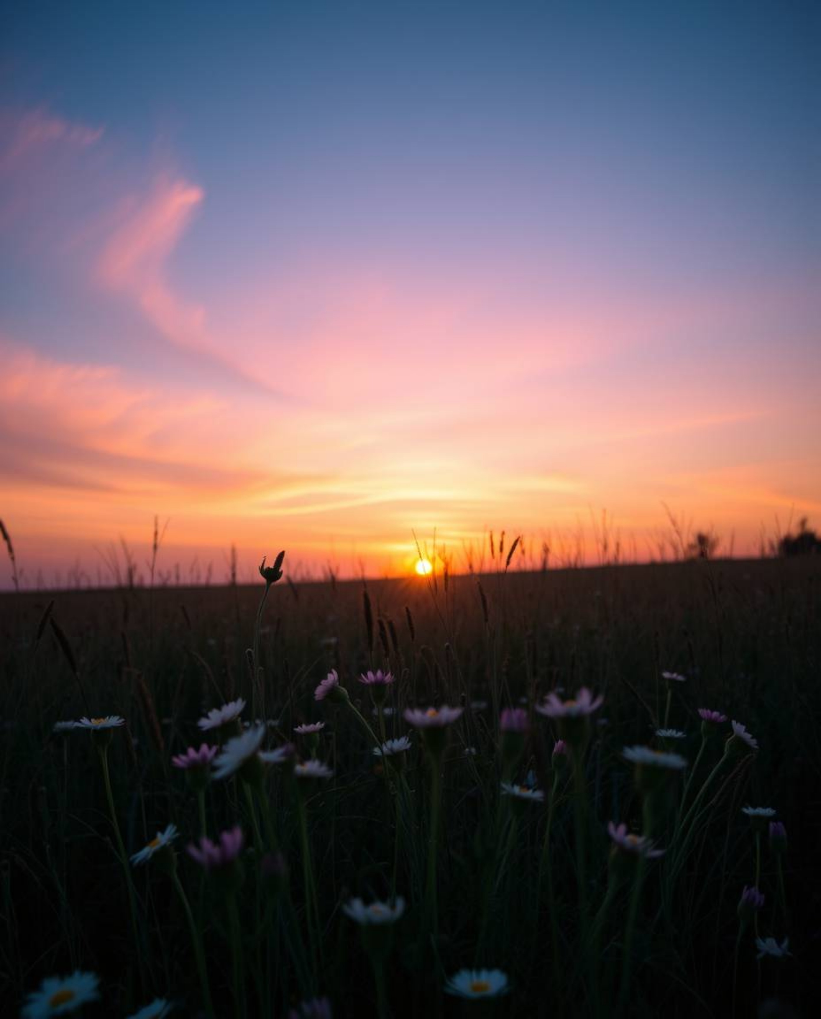 A captivating scene of a spring sunset over a wildflower meadow, uniquely illuminated by soft pastel and glowing bioluminesce