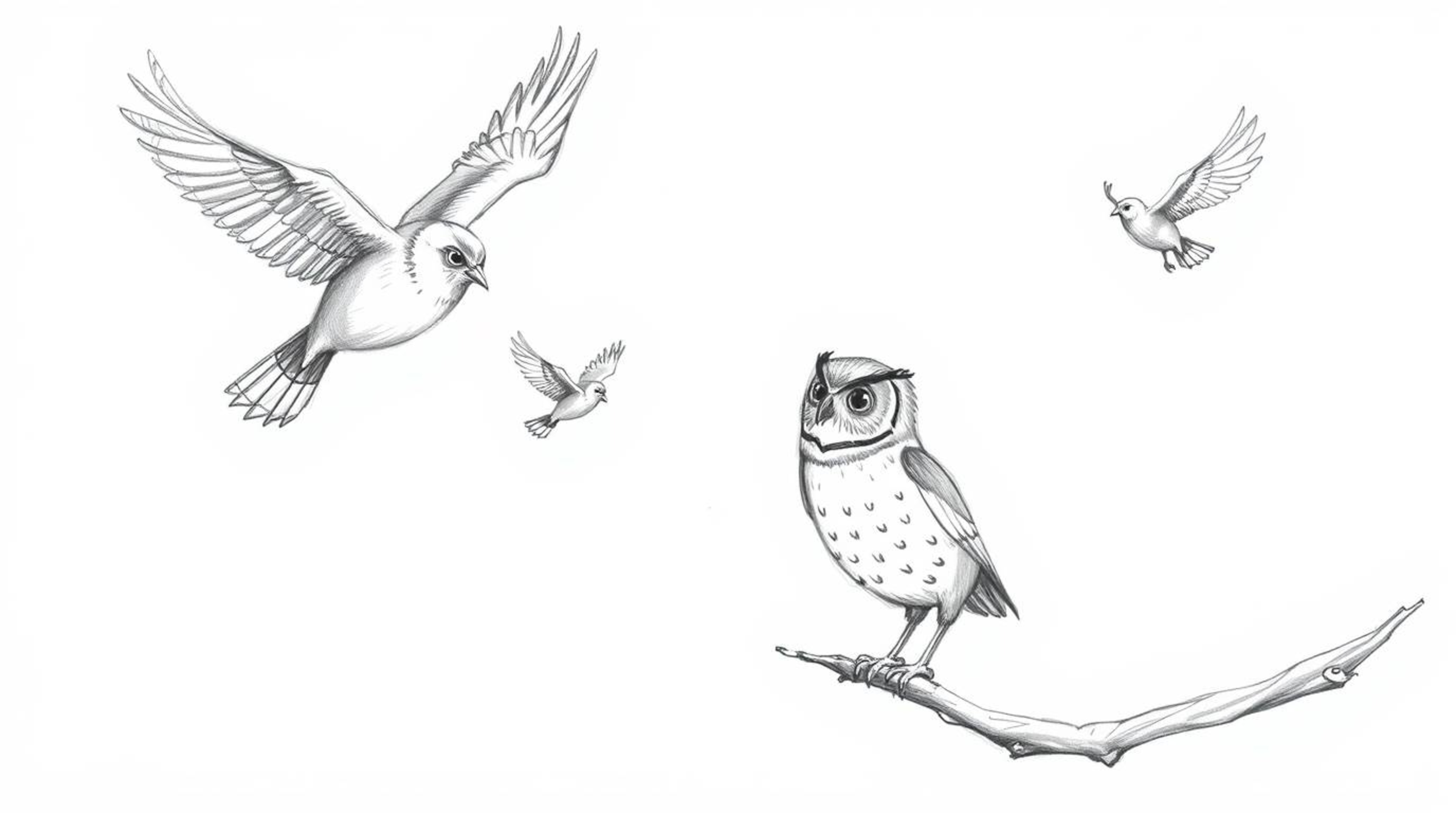 A heartwarming hand-drawn sketch in a Pixar style depicts a blind owl patiently teaching birds to fly in perfect harmony. The
