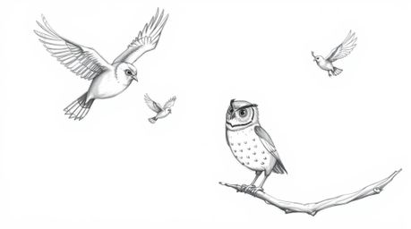 A heartwarming hand-drawn sketch in a Pixar style depicts a blind owl patiently teaching birds to fly in perfect harmony. The