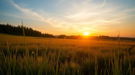 Capture the serene beauty of a sunset over a tranquil meadow filled with fireflies with this high-resolution stock photograph