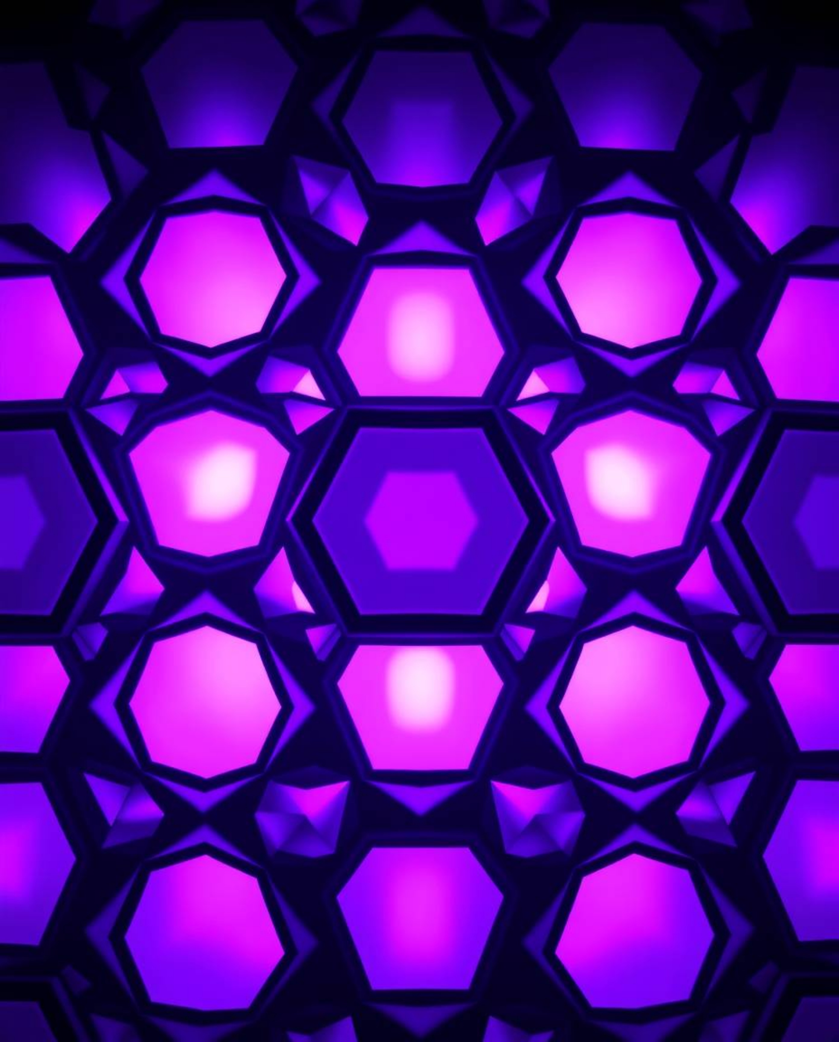 This image features a striking geometric pattern composed of hexagons and triangles rendered in a vibrant neon color palette 