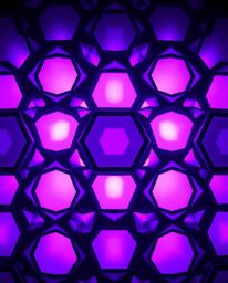 This image features a striking geometric pattern composed of hexagons and triangles rendered in a vibrant neon color palette 