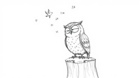 A delightful hand-drawn pencil sketch, reminiscent of Pixar's charming style, portrays a kind-faced, blind owl perched upon a