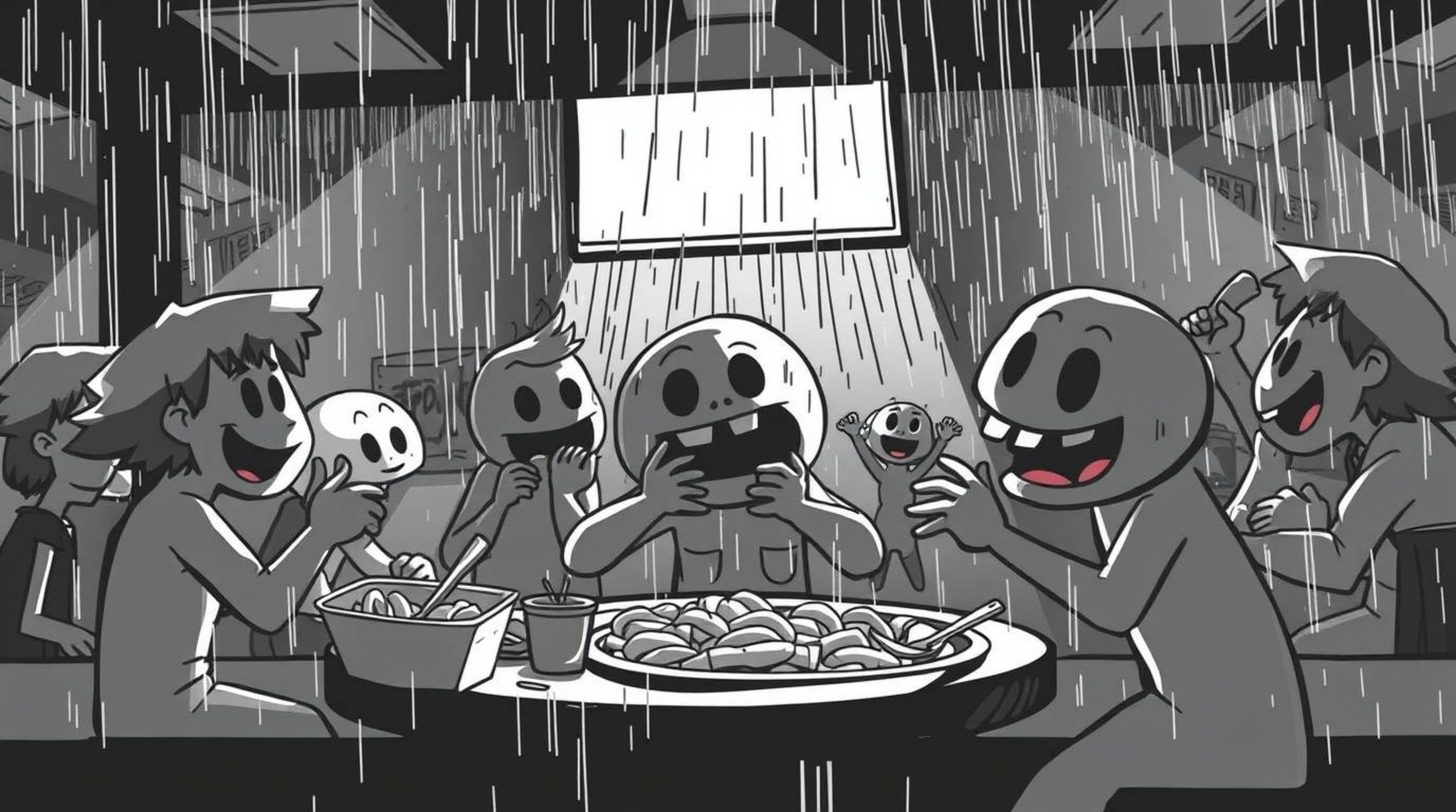 A black and white illustration depicts a chaotic cartoon cafeteria food fight taking place amidst a rainy setting. The artwor