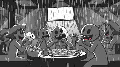 A black and white illustration depicts a chaotic cartoon cafeteria food fight taking place amidst a rainy setting. The artwor