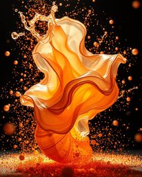 An intense image featuring glassy fluid 3D shapes in dynamic motion, enveloped by an aura of glowing particles.  Sculpted fro