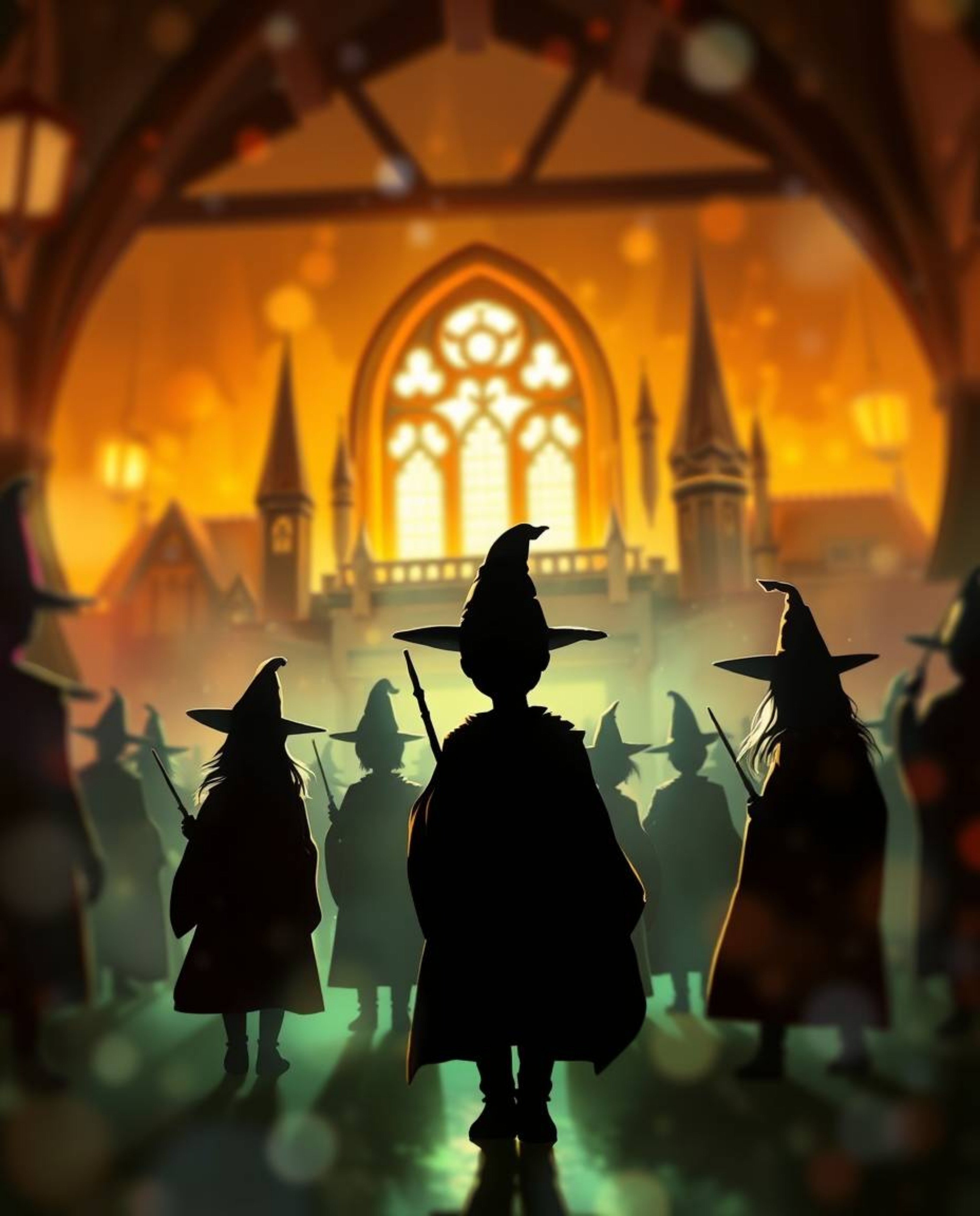 A captivating digital painting showcases a magical school brimming with young wizards.  Silhouetted against a brightly lit, b