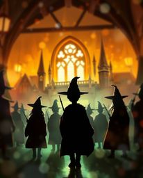 A captivating digital painting showcases a magical school brimming with young wizards. Silhouetted against a brightly lit, b