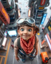 Capture the essence of candid street photography with a high-angle perspective, focusing on a young inventor girl in a futuri