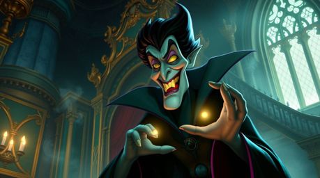 A digital painting of a classic Disney villain with exaggerated features and dark teal skin, casting a spell in an ornate old