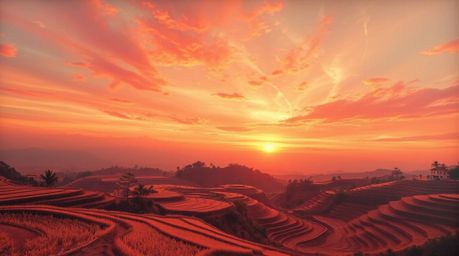 Explore a collection of classic oil paintings featuring surreal infrared tones and breathtaking sunsets over rice terraces in
