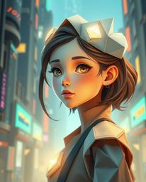 Discover a captivating image of a young inventor girl with ethereal features in a futuristic city. Rendered in an intricate
