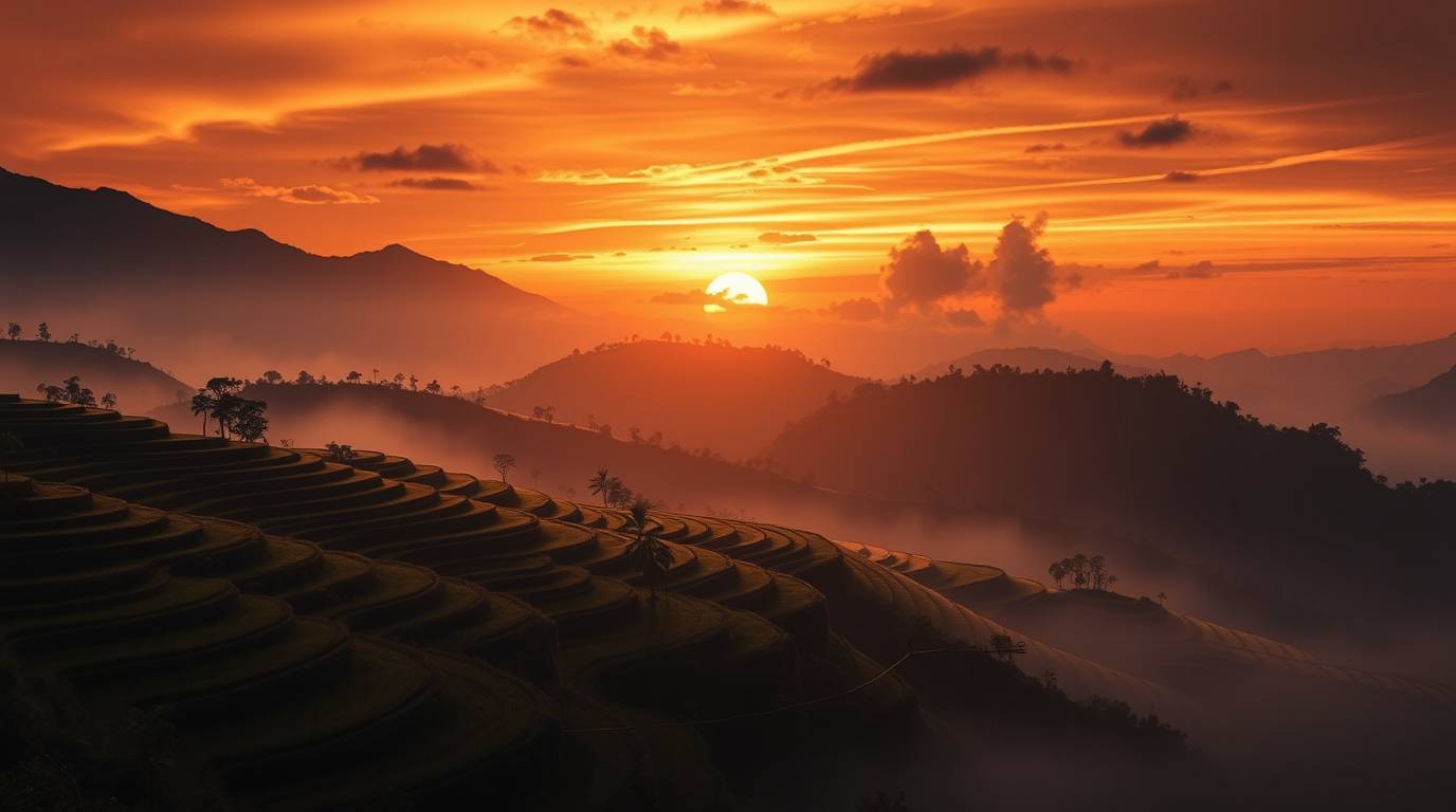A captivating digital painting depicts a breathtaking sunset over stunning rice terraces nestled in the mountains.  The artwo
