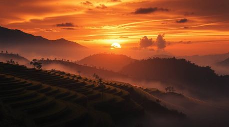 A captivating digital painting depicts a breathtaking sunset over stunning rice terraces nestled in the mountains.  The artwo