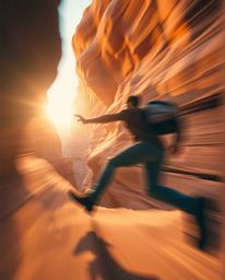 A dynamic, cinematic image featuring a soft haze depicts a sunset illuminating sandstone cliffs in a canyon. The composition 
