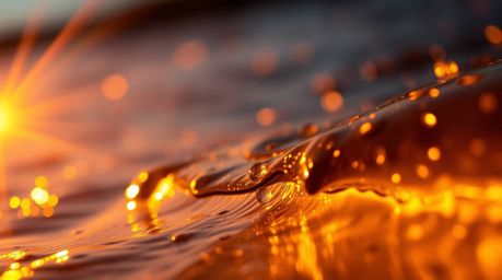 Experience an extreme macro close-up of a river delta, bathed in the radiant and luxurious glow of twilight colors. The warm 