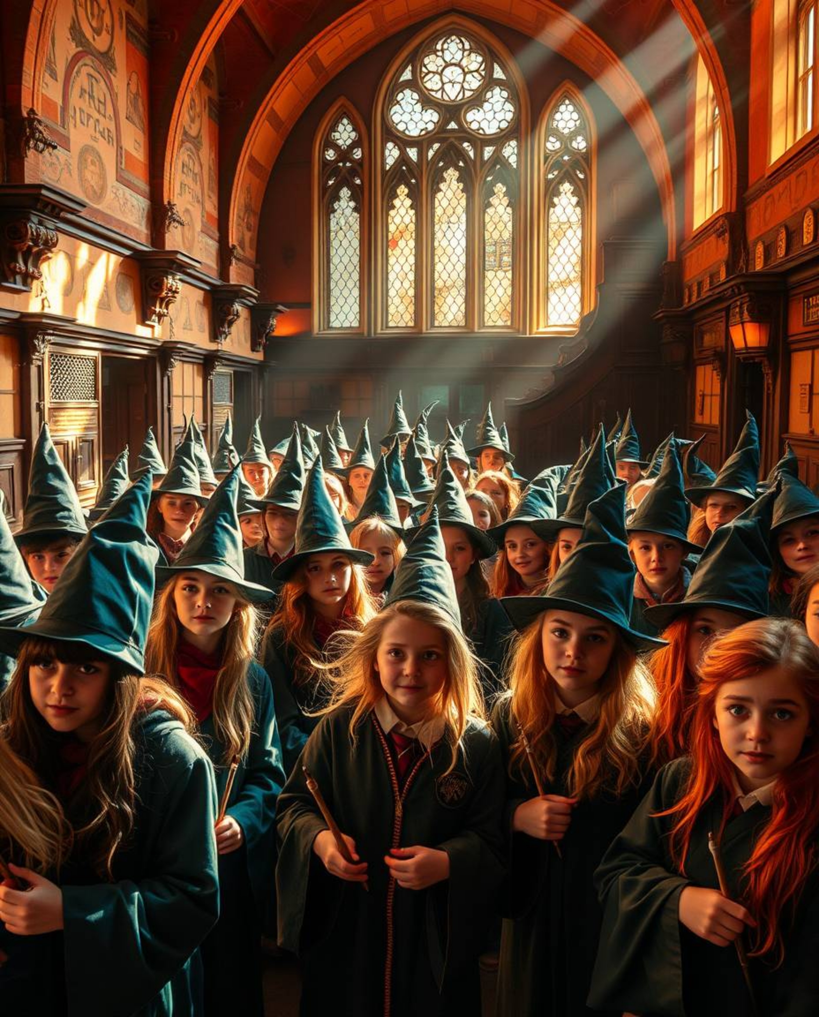 Discover a magical school brimming with young wizards, bathed in warm terracotta and cool teal tones. Experience vibrant col