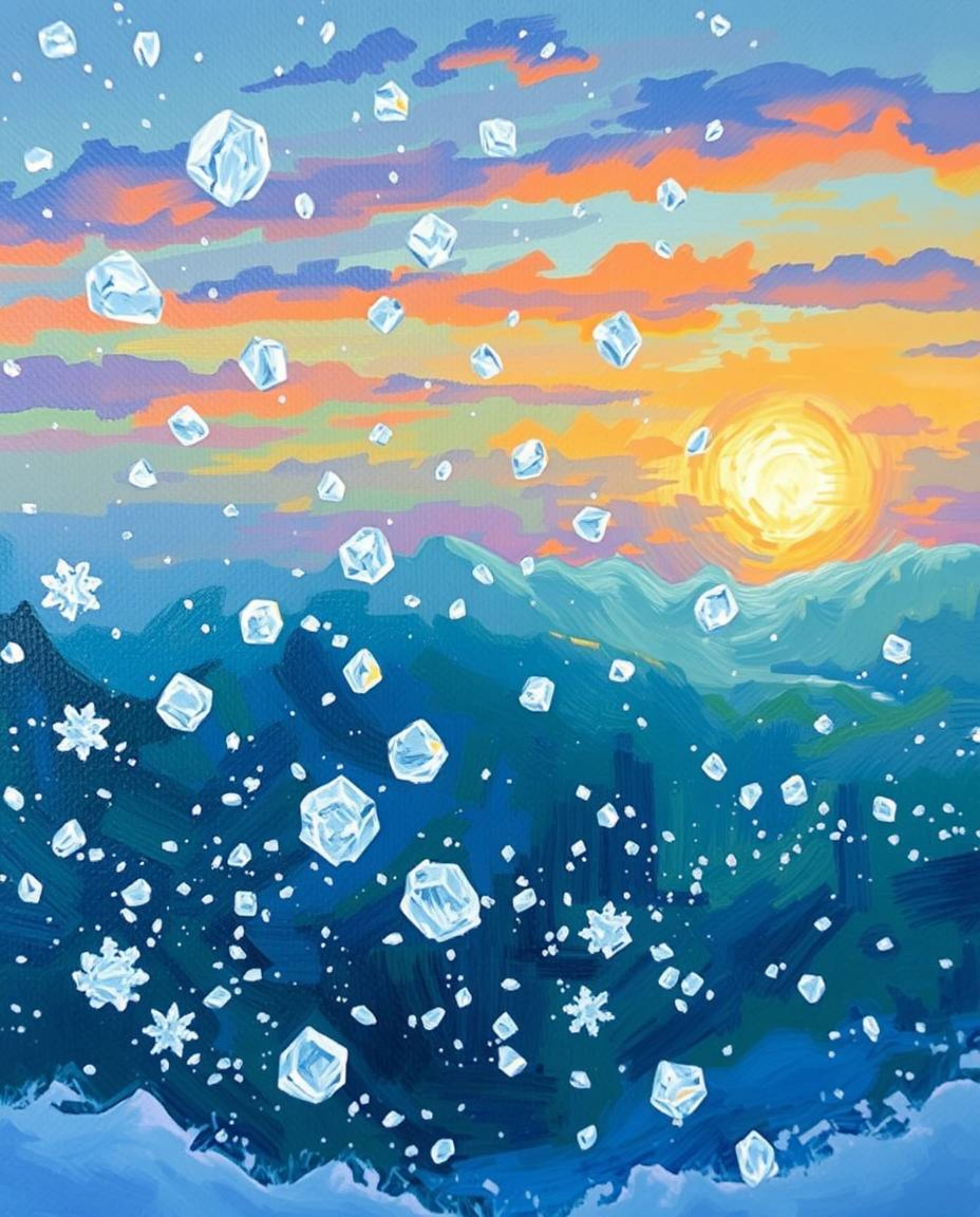 A stunning close-up oil painting captures the intricate beauty of snowflakes falling during a vibrant sunset. This artwork is