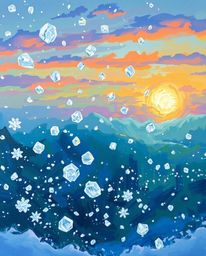 A stunning close-up oil painting captures the intricate beauty of snowflakes falling during a vibrant sunset. This artwork is