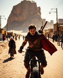 Capture the essence of a heroic tale with candid street photography featuring a brave hero embarking on a Disney-style desert
