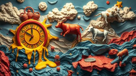 Experience a surreal dreamscape brought to life with melting clocks and floating cows, meticulously crafted from layered papi