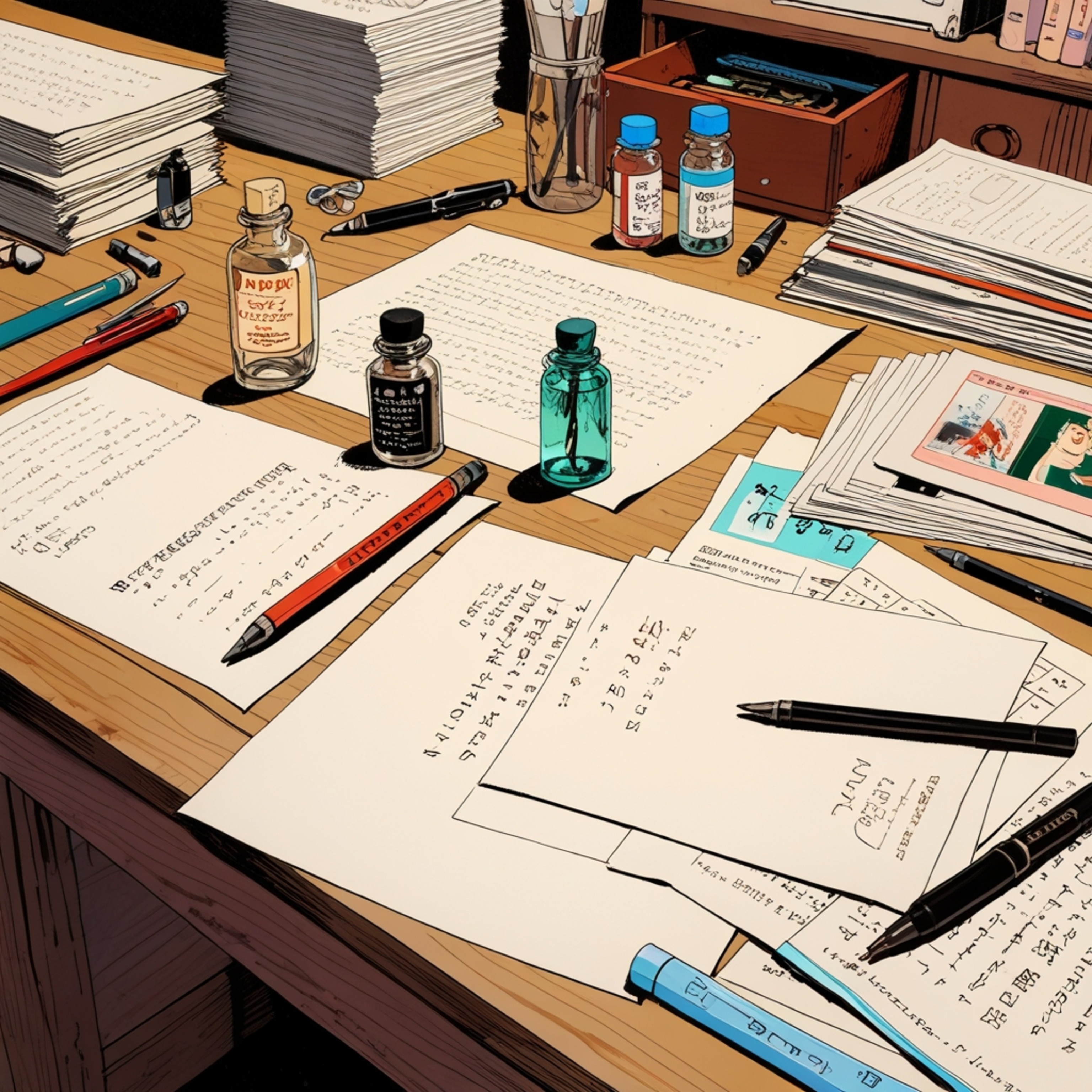 Discover a charming tableau: a collection of vintage postcards, elegant pens, and a classic ink bottle artfully arranged on a