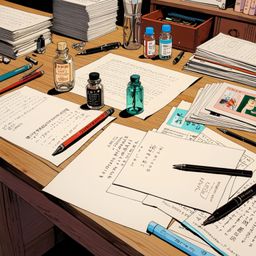 Discover a charming tableau: a collection of vintage postcards, elegant pens, and a classic ink bottle artfully arranged on a