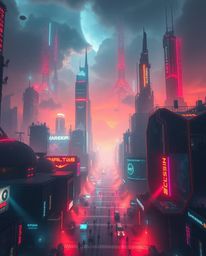 Explore a breathtaking futuristic cityscape, a sprawling cyberpunk environment brought to life with heroic elements and inten
