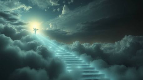 This creative light art piece depicts steps of light ascending into a cloudy sky, with angelic figures watching from the hori