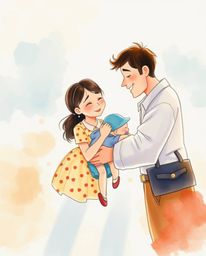A delicate watercolor painting from a high angle perspective captures a heartfelt reunion between family members in a charmin