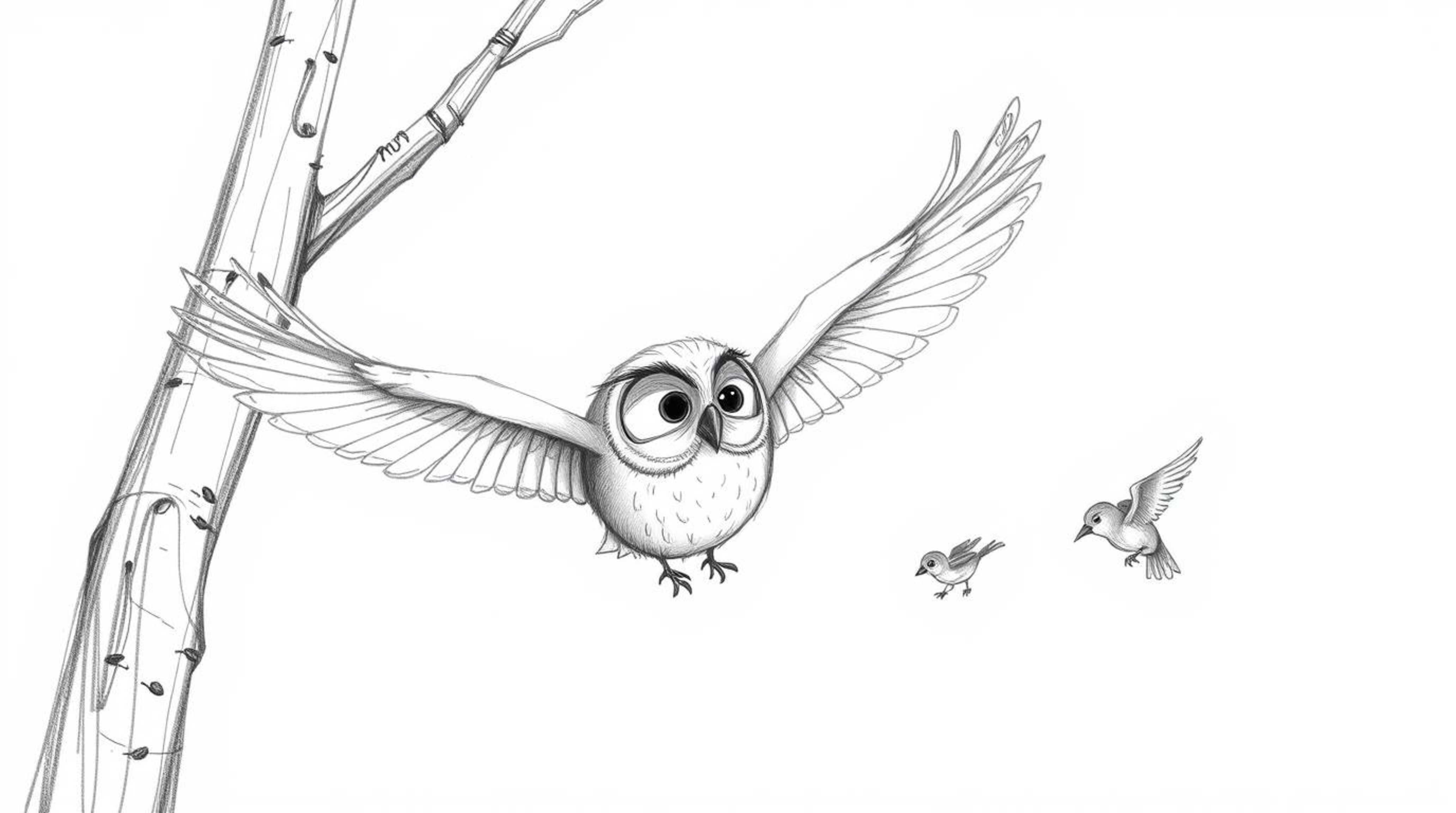 A hand-drawn sketch in the style of Pixar depicts a blind owl with soft, expressive features gracefully gliding between trees