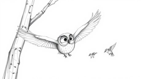 A hand-drawn sketch in the style of Pixar depicts a blind owl with soft, expressive features gracefully gliding between trees