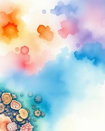 A delicate watercolor painting captures a colorful sky over a coral reef at low tide from an overhead bird's eye view. This p
