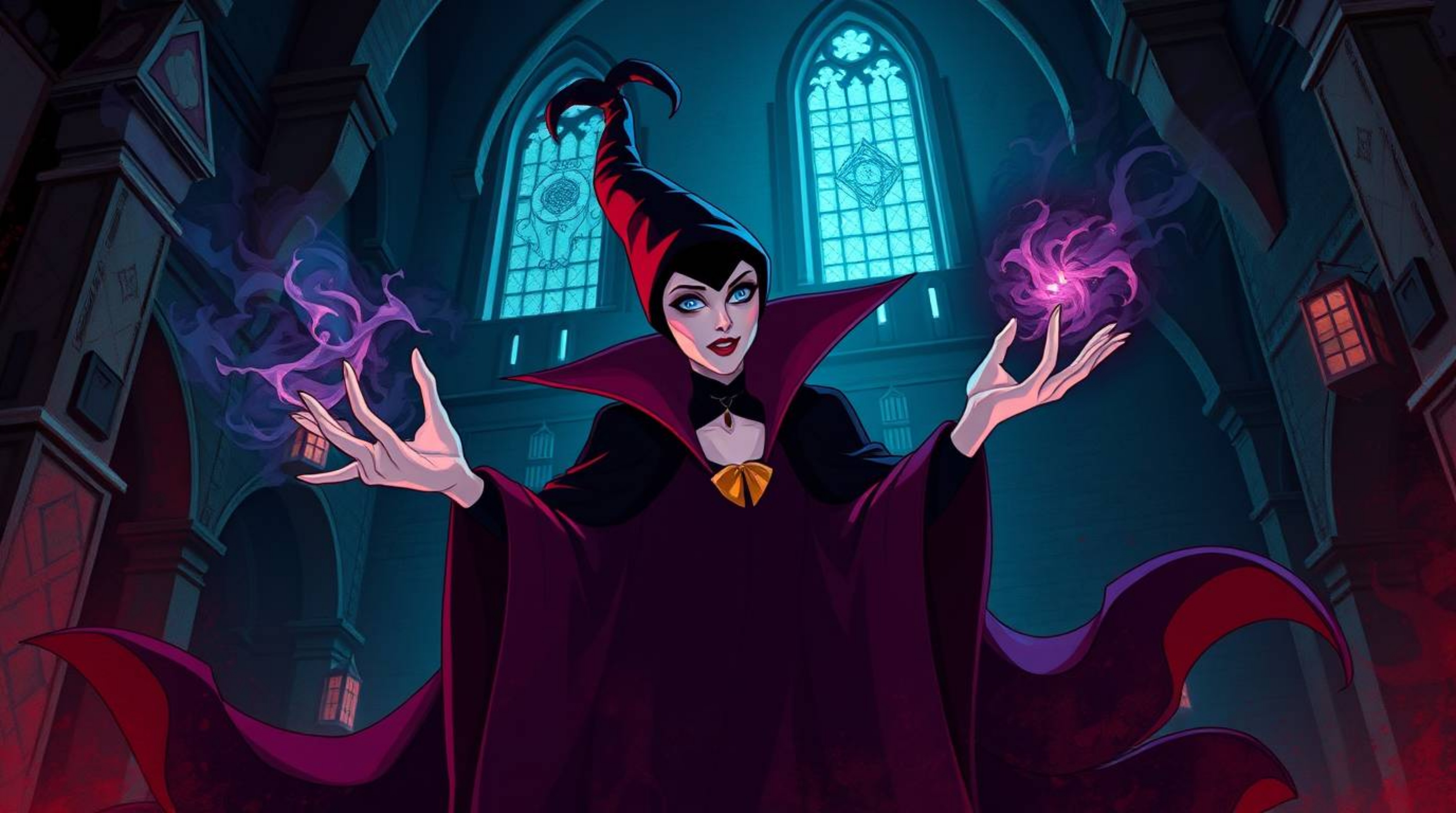 A captivating digital illustration depicts a classic Disney villain in the style of Isekai anime, casting a spell within an a