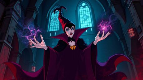 A captivating digital illustration depicts a classic Disney villain in the style of Isekai anime, casting a spell within an a