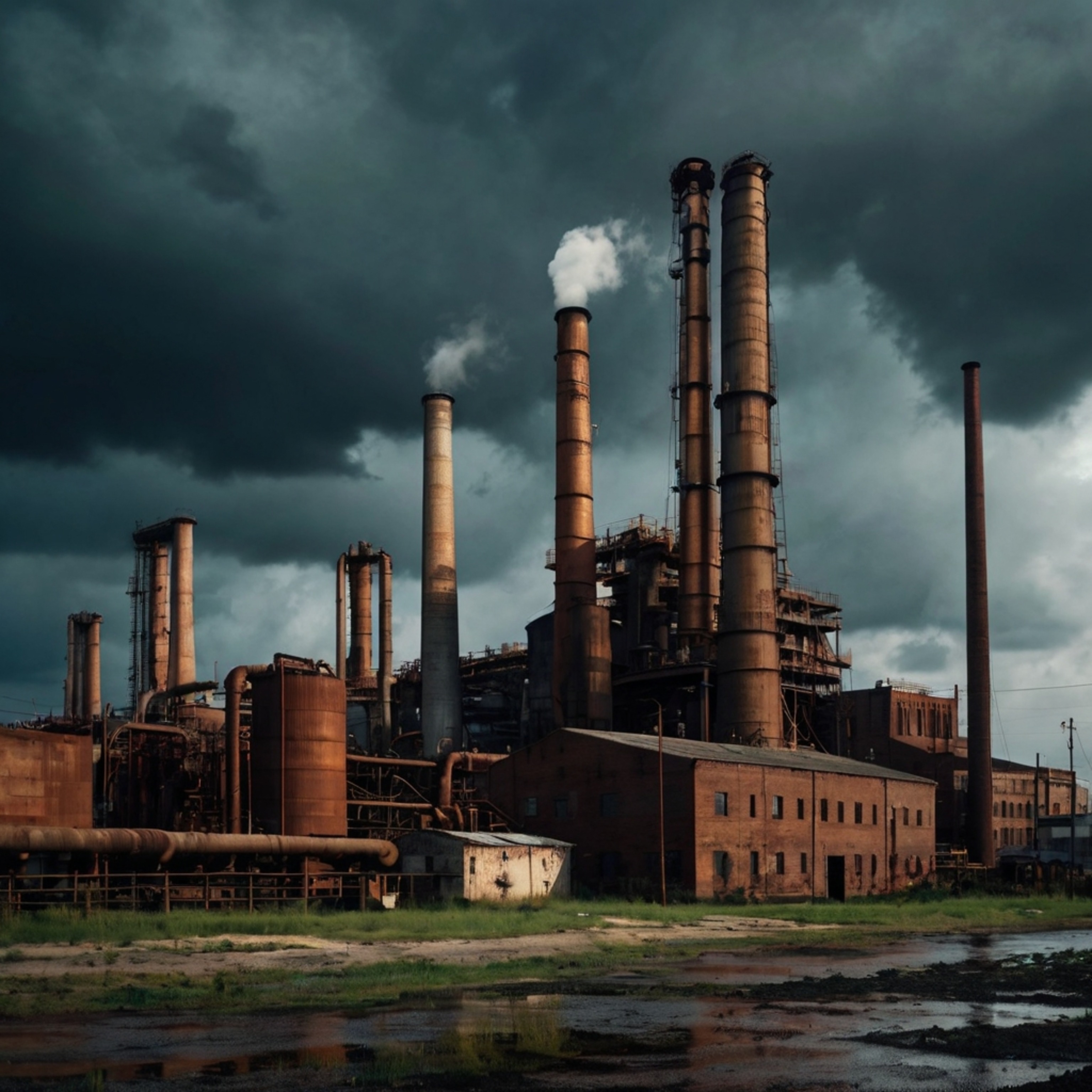 An evocative scene depicting an industrial district characterized by the presence of aging, rusting factories, towering smoke