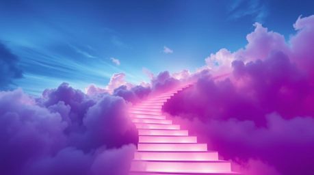 A winding smoke and light stairway ascends into a vast, cloudy sky rendered in deep ultraviolet hues, creating a mystic and e