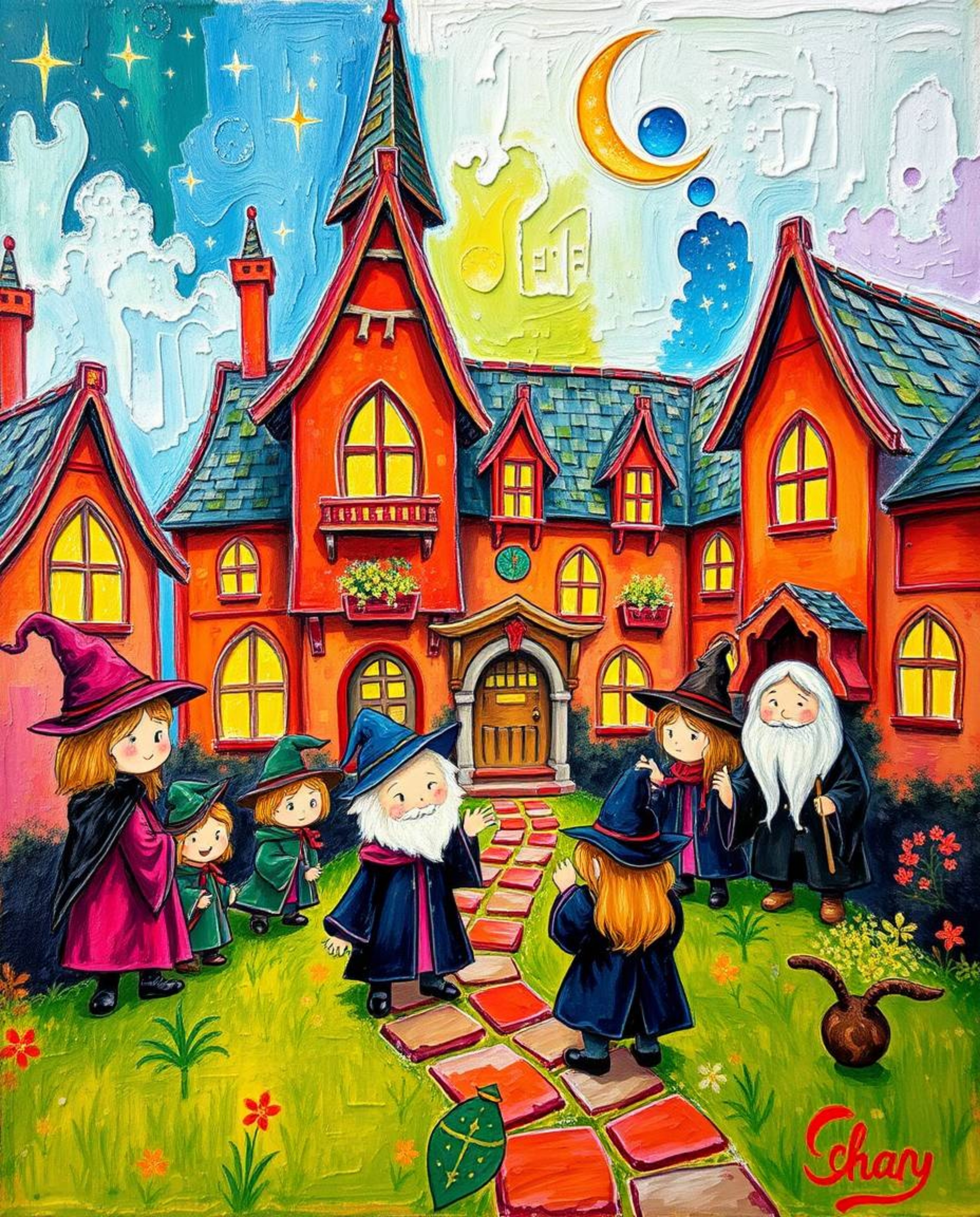 Discover a captivating bold acrylic painting depicting a charming magical school brimming with young wizards.  The artwork fe
