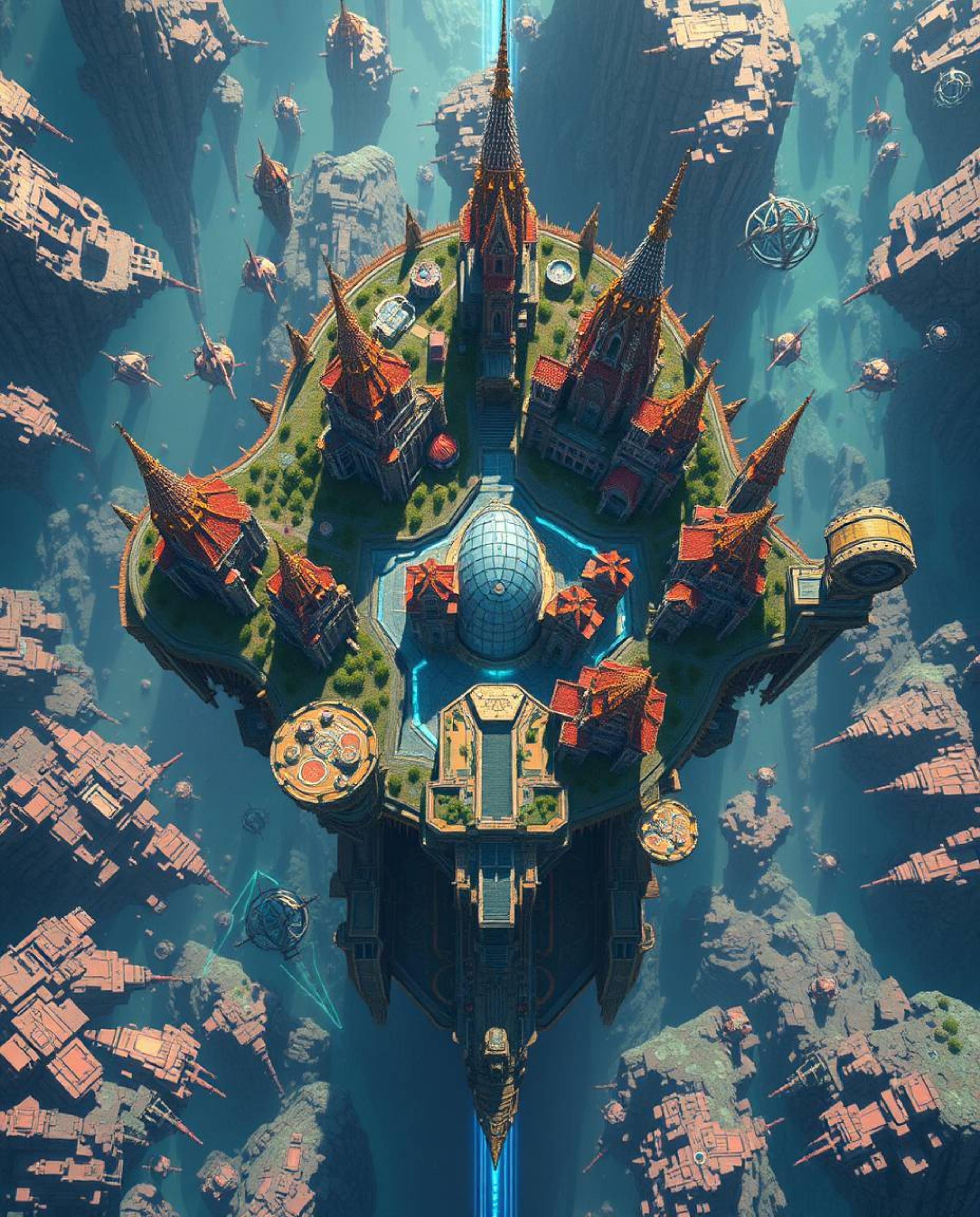 Experience a breathtaking, futuristic sci-fi vision of a vibrant kingdom composed of floating islands and magnificent castles