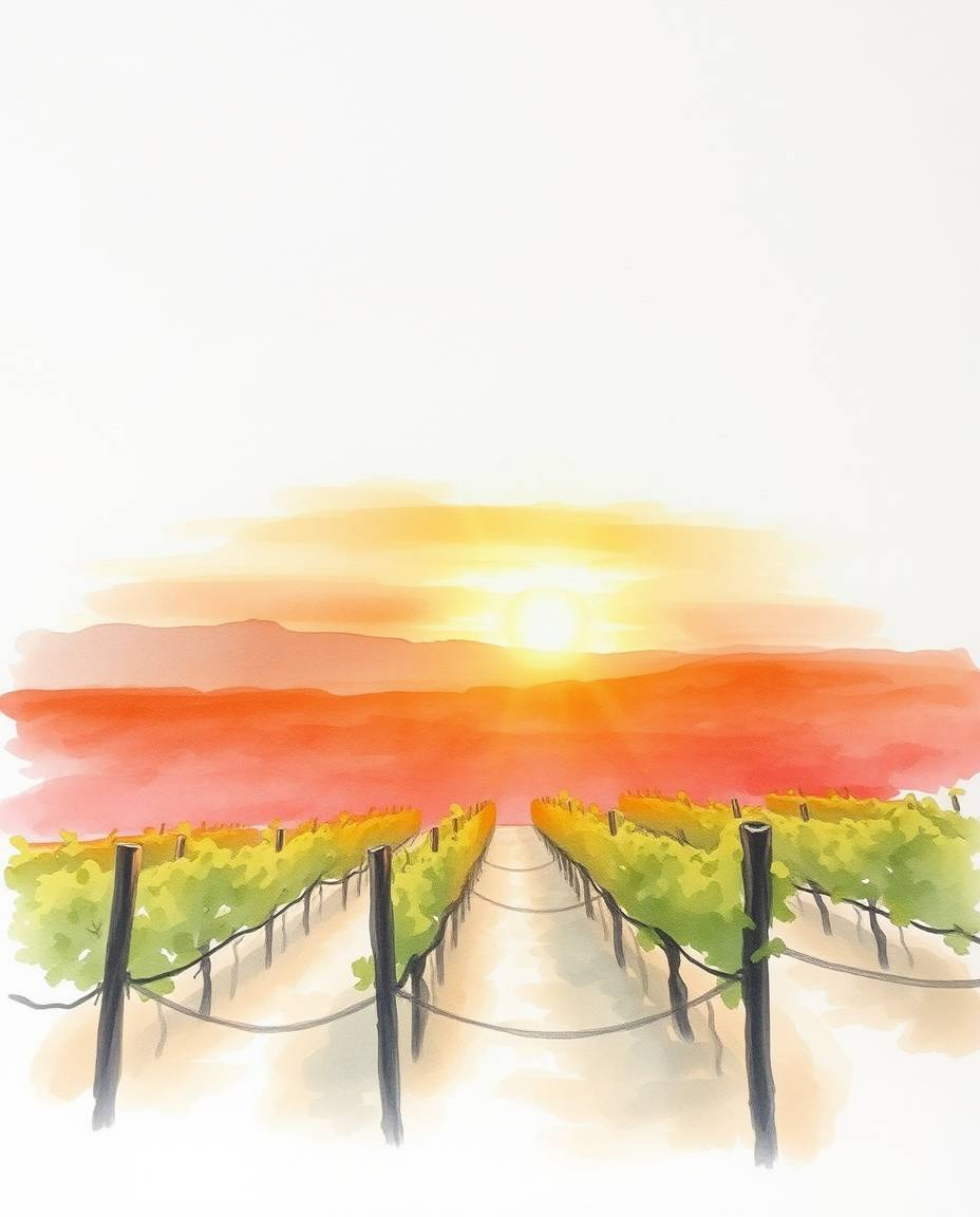 A delicate watercolor painting captures a sunset over a vineyard, using translucent washes and fluid brushstrokes to depict t