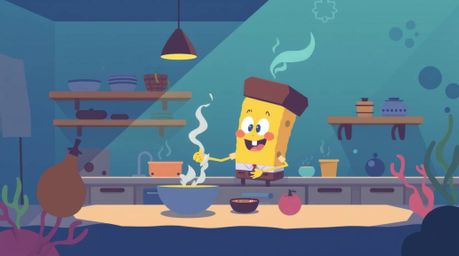 This modern flat design illustration depicts a charming sponge character passionately cooking in a vibrant underwater kitchen