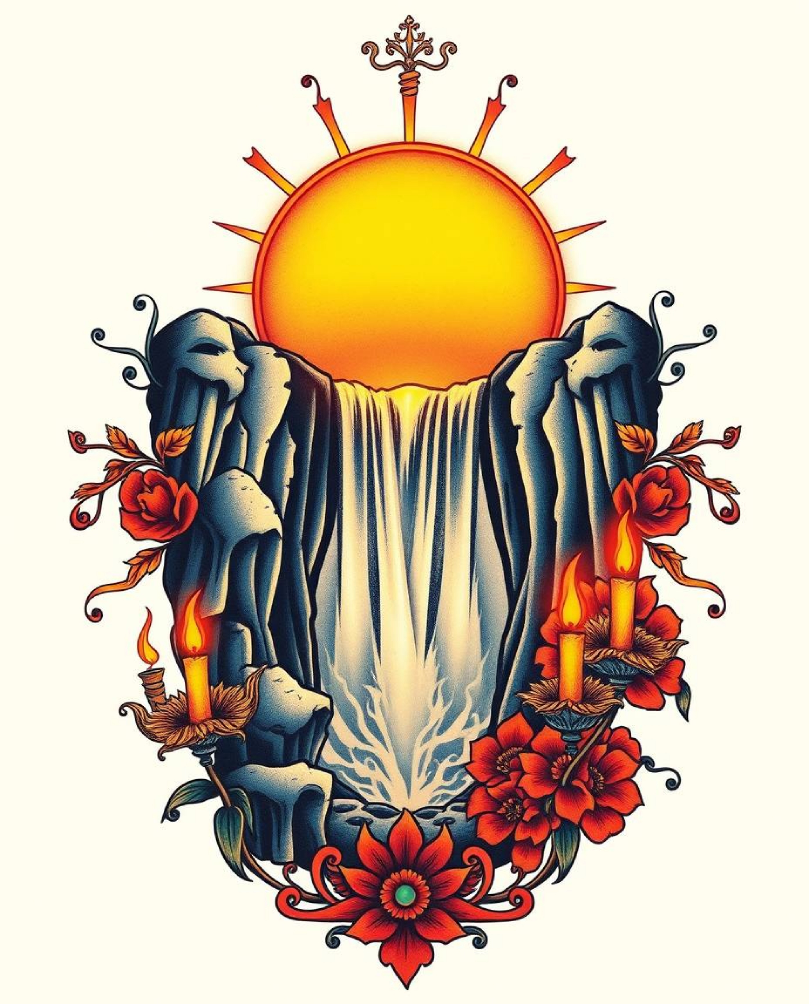 This traditional tattoo art print captures an ethereal and spiritual vibe, depicting a sun setting behind a dramatic waterfal
