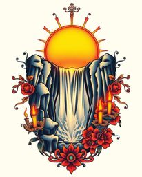 This traditional tattoo art print captures an ethereal and spiritual vibe, depicting a sun setting behind a dramatic waterfal