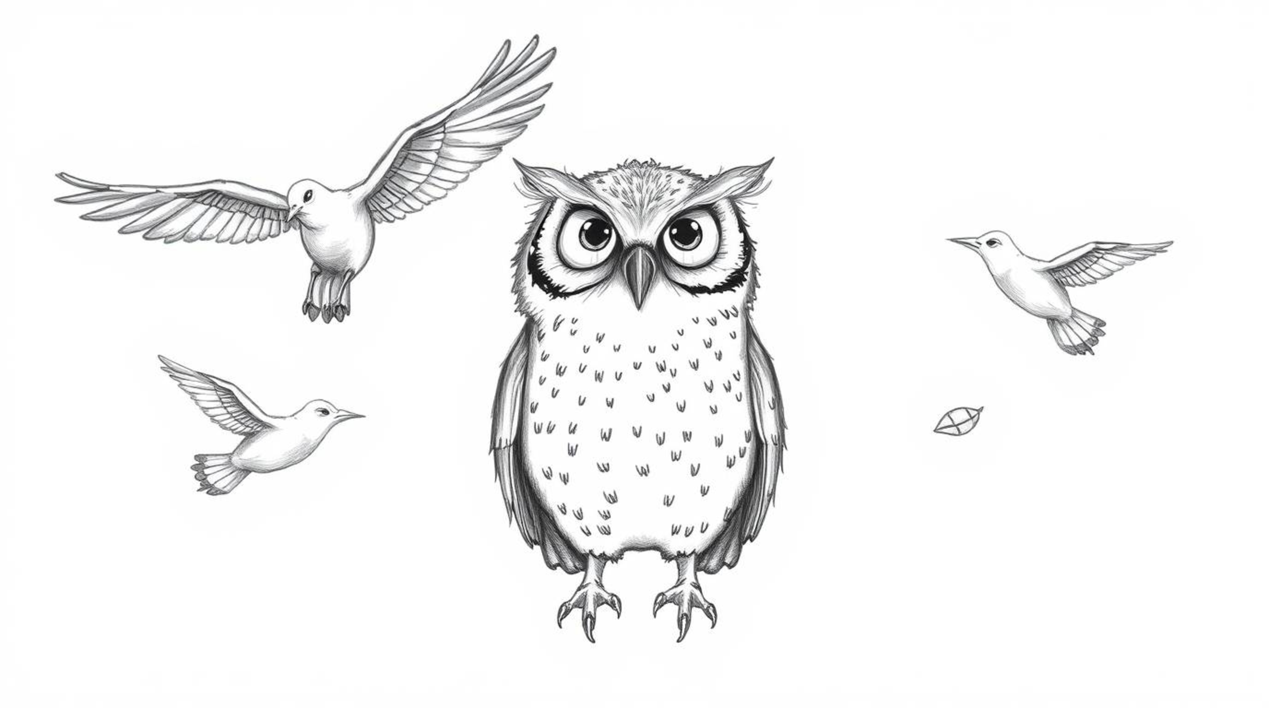 A heartwarming Pixar-style hand-drawn sketch depicts a blind owl with soft, downy feathers and a peaceful expression. The owl