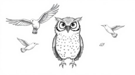 A heartwarming Pixar-style hand-drawn sketch depicts a blind owl with soft, downy feathers and a peaceful expression. The owl