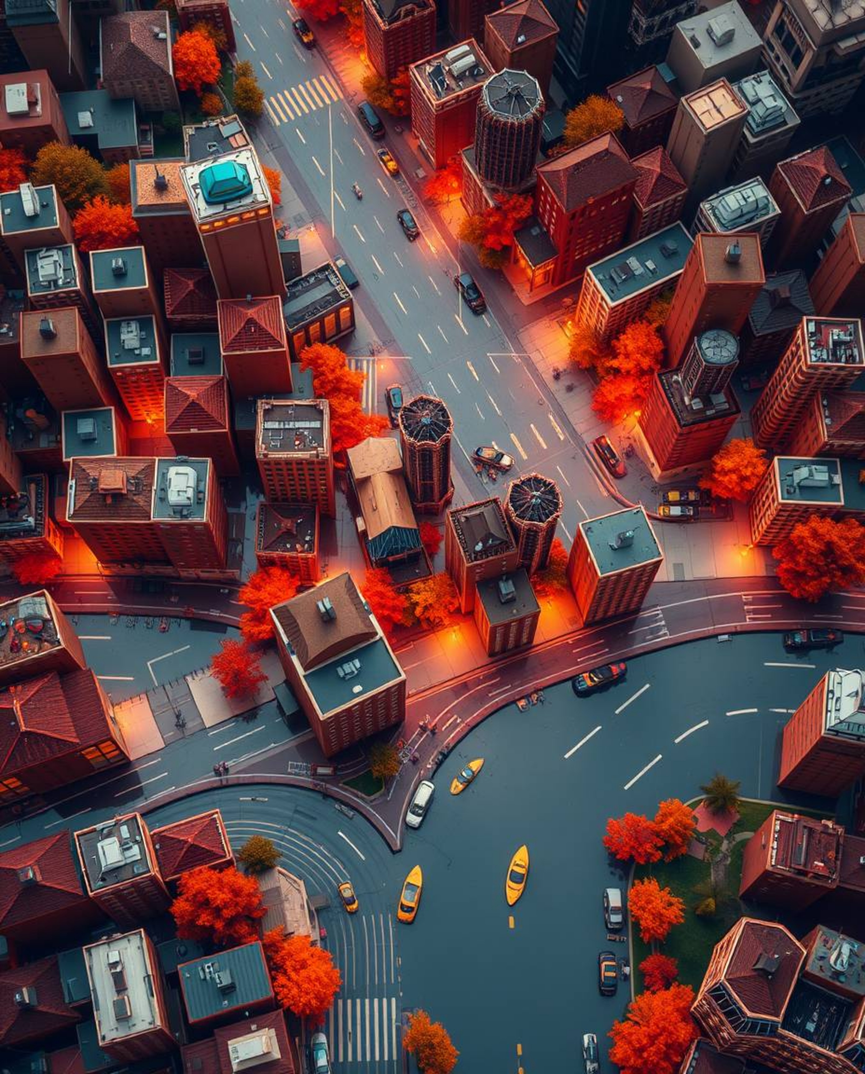 Discover a captivating abstract city map rendered in warm autumnal hues.  Geometric shapes create a unique top-down perspecti