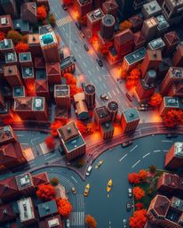 Discover a captivating abstract city map rendered in warm autumnal hues.  Geometric shapes create a unique top-down perspecti