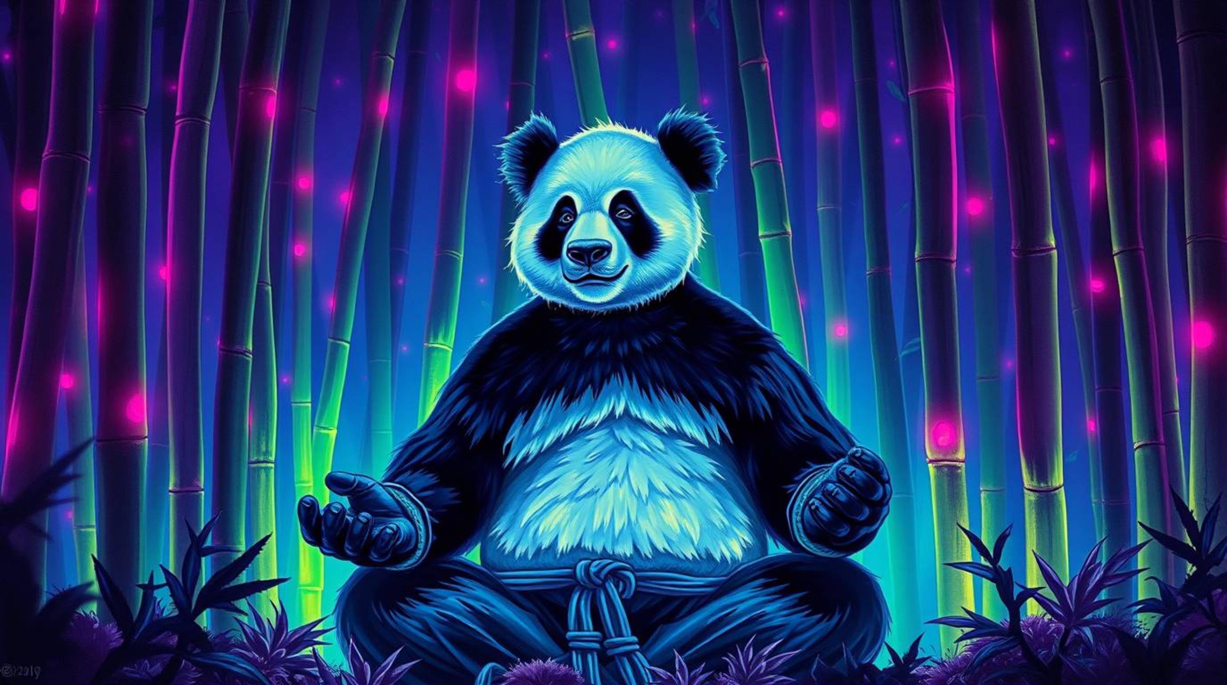 A serene and powerful painting depicts a martial artist panda deeply immersed in meditation within a lush bamboo forest. The 