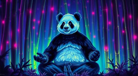 A serene and powerful painting depicts a martial artist panda deeply immersed in meditation within a lush bamboo forest. The 