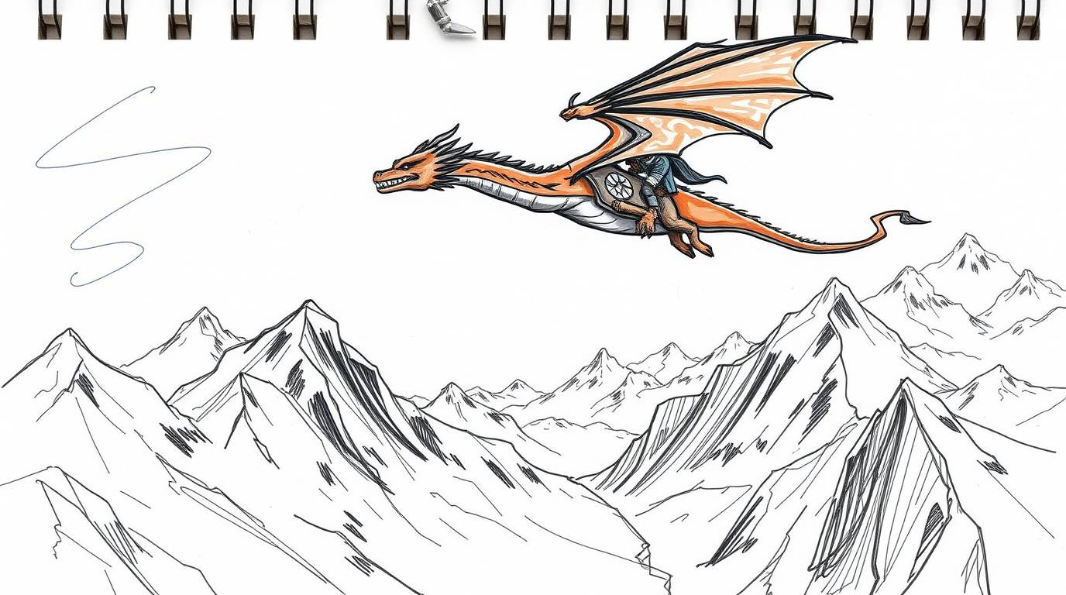 A vibrant, hand-drawn sketchnote depicts a dragon and its rider soaring above a breathtaking landscape of icy mountains.  The